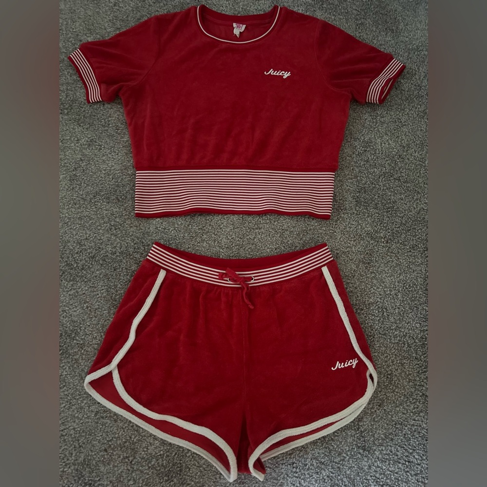 Juicy Couture Red Velour Outfit with Striped Accents